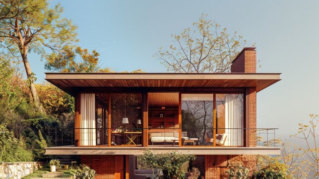 6x4 meters modern cabin, no sloped roof, 1 floor, soft hill, nice view, bricks and wood, big windows
