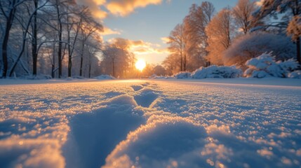 Snow-covered country road on in pink rays of winter sun at sunset. Winter background, nature wallpaper.