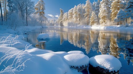 Lake in the winter forest on a bright sunny day. Winter background, nature wallpaper.