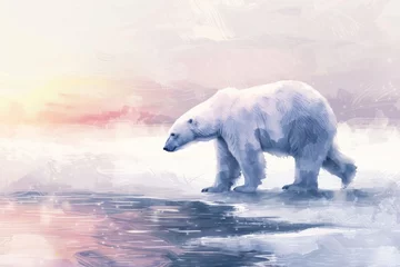 Foto op Canvas Hand-drawn pastel digital watercolour paint sketch A solitary polar bear navigates the shimmering Arctic tundra its silhouette stark against the pastel twilight sky creating ample space for text  © fotogurmespb