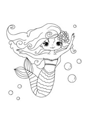 Mermaid Coloring page. Cute mermaid Coloring book, colouring page. Girl, princess, fairy girl. Outline mermaid. Vector illustration isolated white background. Kids drawing activity. Printable.