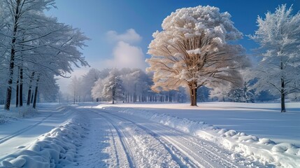 Snow-covered country road at sunset on a winter day. Winter background, nature wallpaper. - obrazy, fototapety, plakaty