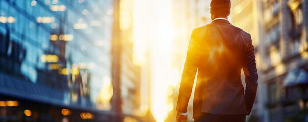 Back view of businessman looking towards city skyline at sunset, symbolizing forward thinking and planning. Digital background with copyspace