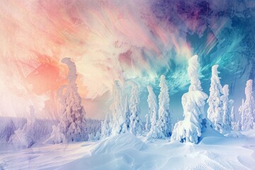 Hand-drawn pastel digital watercolour paint sketch A pristine snow-covered landscape in Finland illuminated by the ethereal glow of the Northern Lights exemplifies winters majestic transformation 