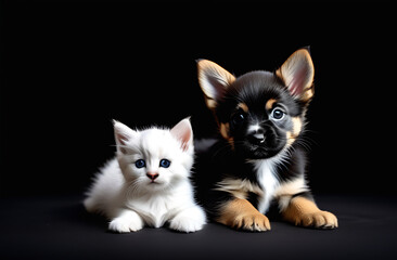 very cute kitten and puppy on a black background