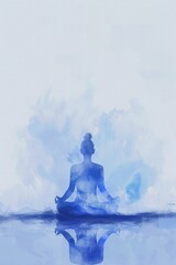 Hand-drawn pastel digital watercolour paint sketch A calm figure meditates isolated on a gradient background of calming blues representing emotional tranquility during Mental Health Awareness Month