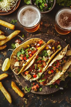 A modern rustic photo of mexican tacos with pico de gallo, cheese and cilantro, served with fries and a draft beer.