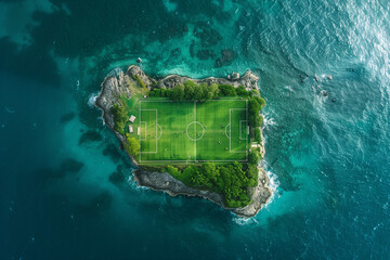 Unique aerial shot of a soccer field on a secluded island surrounded by the turquoise waters of the ocean with lush greenery.
 - obrazy, fototapety, plakaty