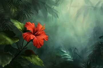 Obraz na płótnie Canvas Digital paint sketch A delicate hibiscus bloom its vibrant red petals glistening with dew elegantly contrasts a shadowy green rainforest background with empty space for text 