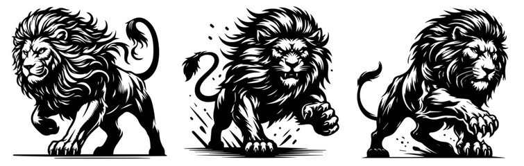 aggressive lion, ready to attack, dynamic leap with great force, black vector graphic - obrazy, fototapety, plakaty