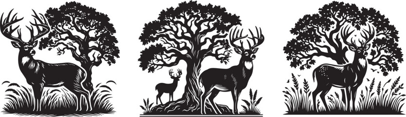 deer in the forest, among trees, black vector graphic
