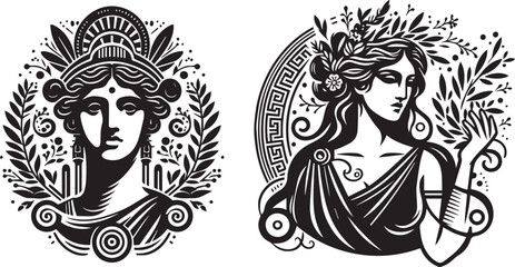 Fototapeta na wymiar Greek goddess, ancient woman adorned with leaves and floral motifs, minimalist portrait in Greek art style, black vector graphic