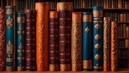 Library background, neat rows of books, ancient books, full of history
