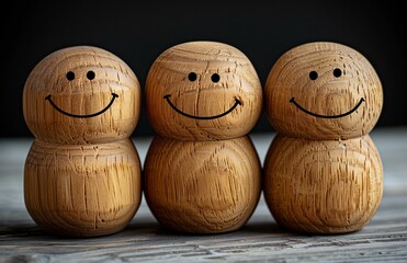 Trio of Smiling Wooden Figures