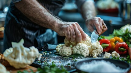 Cooking show with hands demonstrating how to prepare cauliflower dishes - obrazy, fototapety, plakaty