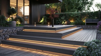 Ash grey composite decking: two-tiered design with deck lights - perfect for landscape gardening projects