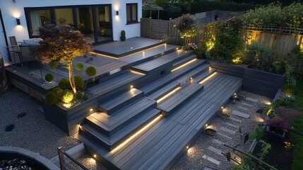 Ash grey composite decking: two-tiered design with deck lights - perfect for landscape gardening projects