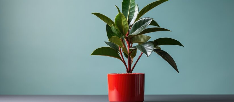 Ficus Elastica Ruby planted in a self-watering pot, desk decoration. Houseplant care concept. Indoor plant with automatic watering pot.