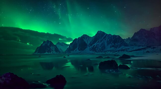 snow mountains with beautiful green aurora views