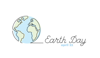 Earth Day continuous line drawing, hand drawn lettering with globe symbol, april 22, vector illustration