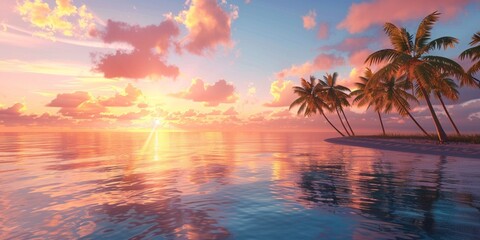 Fototapeta na wymiar A breathtaking view of a tropical island beach at sunset, with palm trees lining the shore, the calm sea reflecting the stunning hues of the sky, and the atmosphere filled with a sense of peace and tr