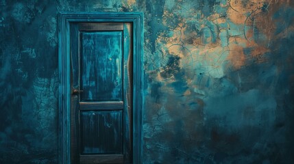 Vintage wooden door with weathered blue paint inside a mysterious box – climate change concept, magical portal. Copy space available