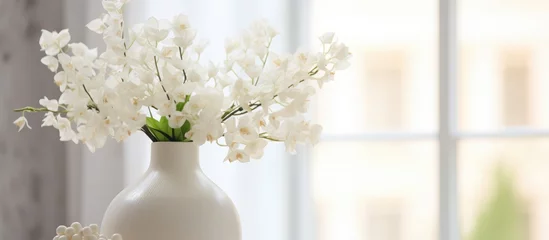 Rolgordijnen Modern interior design with white flowers in a vase on a light background at home. © Vusal