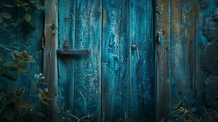 Vintage wooden door with weathered blue paint inside a mysterious box – climate change concept, magical portal. Copy space available