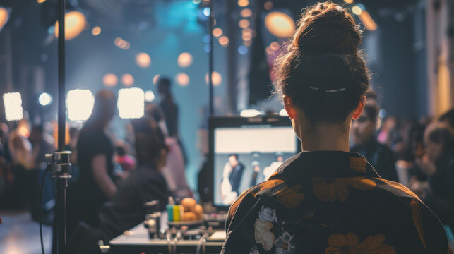 Perspective of an observer capturing the bustle and preparation behind the scenes at a fashion show