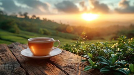 Cup of tea on wooden table in tea plantation with sunrise - obrazy, fototapety, plakaty