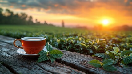 Cup of tea on wooden table in tea plantation with sunrise - obrazy, fototapety, plakaty