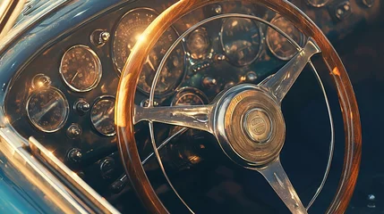 Tuinposter Steering wheel and dashboard of a vintage car. © taraskobryn