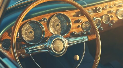 Steering wheel and dashboard of a vintage car.