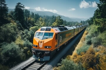 Freight train transporting cargo wagons through picturesque summer mountains landscape
