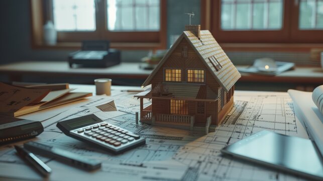 Architectural photo of a house model on the top of blueprints and a calculator