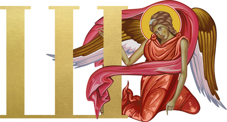 Angel with golden Cyrillic letter in vintage religious style on white background