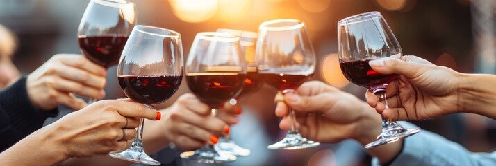 Friends enjoying outdoor summer party, toasting with glasses of red wine in celebration