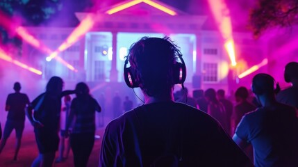 Silent Disco Event with Vivid Neon Lights - obrazy, fototapety, plakaty