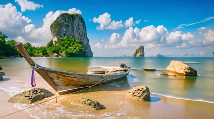 wooden boats are on the shore with a beautiful view of the sky