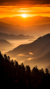 Golden Sunset over Majestic Mountains with Silhouettes of Adventurous Travelers