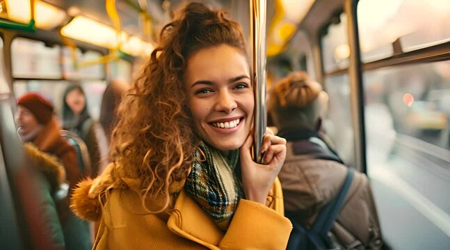 beautiful curly haired woman smiling in the carriage