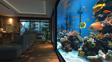 Create a photorealistic image of a home interior with a large, detailed aquarium - obrazy, fototapety, plakaty
