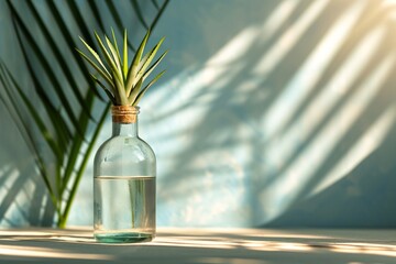 a glass bottle with a plant in it - obrazy, fototapety, plakaty