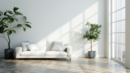 Bright living room interior with white empty wall, 3d rendering