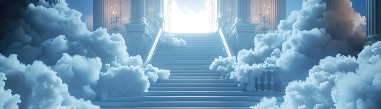 Ethereal clouds surrounding a majestic stairway 3D render