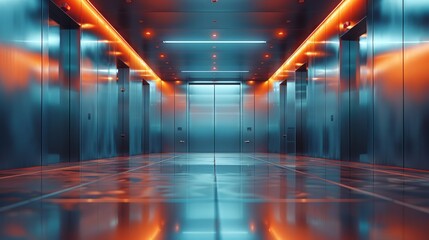 Modern elevator interior with reflective metal walls and warm lighting