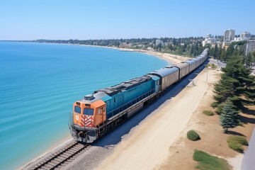 Cargo train carries huge multicolored containers, railway along the sea from city, top aerial view - obrazy, fototapety, plakaty