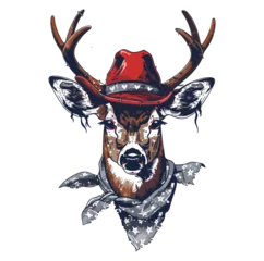 Plexiglas foto achterwand Deer Head wearing wearing cowboy hat and bandana around neck © Ann