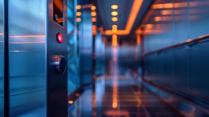 Modern elevator interior with reflective metal walls and warm lighting - 758090796