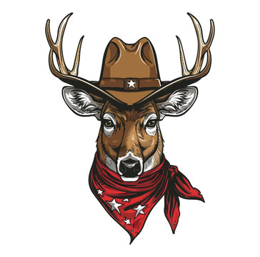 Deer Head wearing wearing cowboy hat and bandana around neck